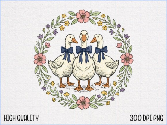 Download Cute Goose Trio with Floral Wreath PNG - Premium Resources